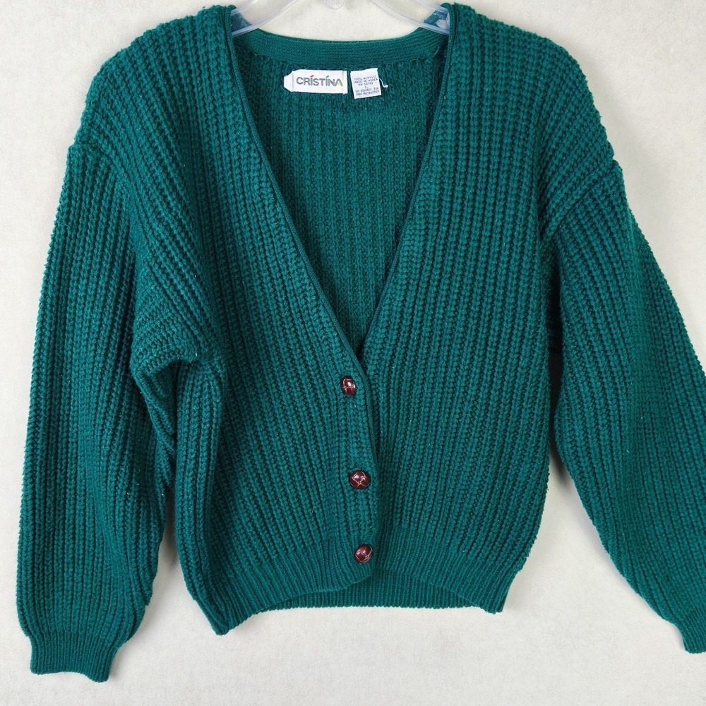 Vintage Chunky Knit Cardigan Green Button Front 80s 90s Grandmacore‎ Sweater L